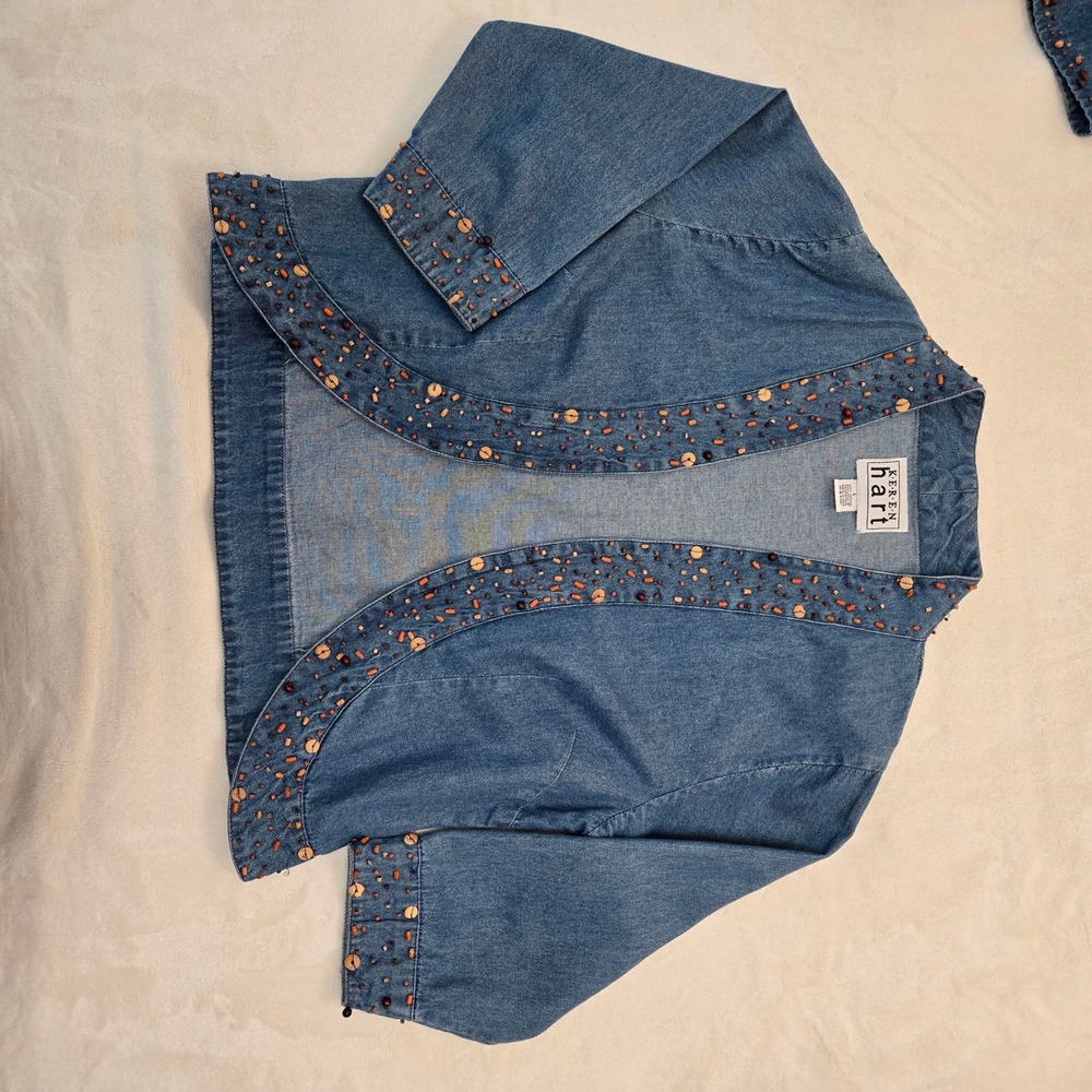 Keren Hart Blue Denim Beaded Skirt Set Jacket L Skirt M Boho Western Tiered Maxi - Picture 15 of 16